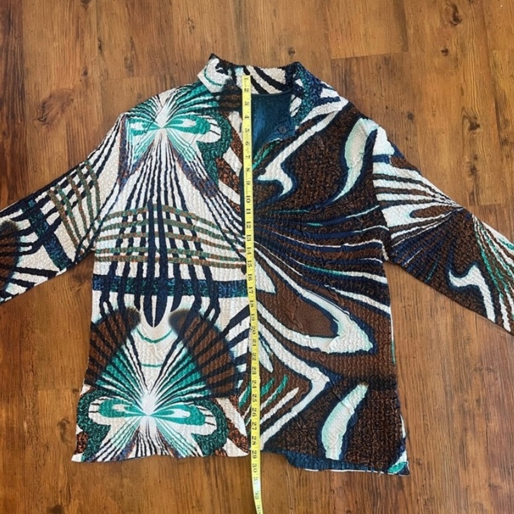 Vintage Abstract Swirl Pattern Knit Top - Teal, Brown & White